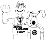 Artwork --- Human and Canine Both Support the Animal Liberation Front (Animal Liberation and Animal Emancipation Directory | Description : This image came from http://www.RadicalGraphics.or... | Tags : Wilferd And Gromet, Circled A, Animal Liberation F...) ::: By Radical Graphics (About: All material posted here originally appeared at ht... | Ideals: Anarchy, Animal Liberation, Anti-America, Anti-Bio...)