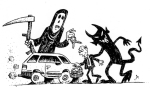 Artwork --- In Car Culture, the Devil Pushes You Along and the Grim Reaper Entices You (Anti-Car and Anti-Car Culture Directory | Description : This image came from http://www.RadicalGraphics.or... | Tags : Car, Satan, Devil, Reaper, Scythe, Keys, Car Keys,...) ::: By Radical Graphics (About: All material posted here originally appeared at ht... | Ideals: Anarchy, Animal Liberation, Anti-America, Anti-Bio...)