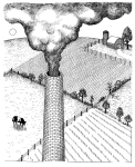 Artwork --- The Wealthy Owners of the Land Take from Us All and Give Back a Destroyed Planet (Industrialism and Machinery Directory | Description : This image came from http://www.RadicalGraphics.or... | Tags : Factory, Factory Chimney, Chimney, Cow, Pasture, G...) ::: By Radical Graphics (About: All material posted here originally appeared at ht... | Ideals: Anarchy, Animal Liberation, Anti-America, Anti-Bio...)