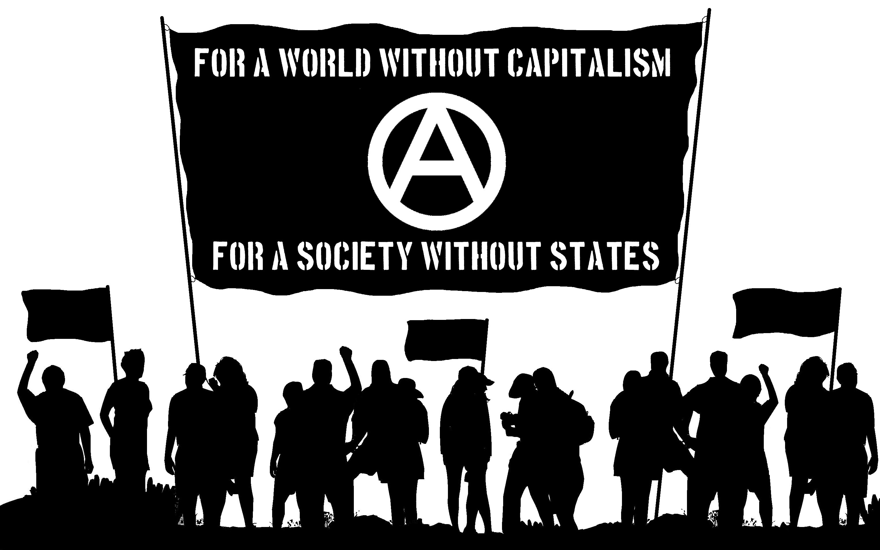 Computer drawing of a crowd of protesters flying black flags and carrying a banner that says "For a world without capitalism For a society without states"