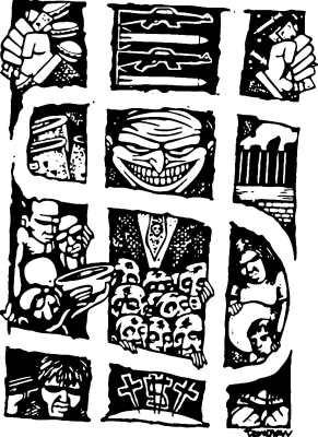 Imprisoned By a System of Violence, Exploitation, Alienation, and War, by Radical Graphics (All material posted here originally appeared at ht... | Anarchy, Animal Liberation, Anti-America, Anti-Bio...). Artwork -- Description : This image came from http://www.RadicalGraphics.org/. | Tags : Imprisonment, Money, Cash, Dollar Sign, Prisoner, Prisoners, Oppression, Internment, Hamburgers, Hamburger, Machine Guns, Guns, Rockets, Rocket, Needl... Imprisoned By a System of Violence, Exploitation, Alienation, and War, by Radical Graphics (All material posted here originally appeared at ht... | Anarchy, Animal Liberation, Anti-America, Anti-Bio...). Artwork -- Description : This image came from http://www.RadicalGraphics.org/. | Tags : Imprisonment, Money, Cash, Dollar Sign, Prisoner, Prisoners, Oppression, Internment, Hamburgers, Hamburger, Machine Guns, Guns, Rockets, Rocket, Needl...
