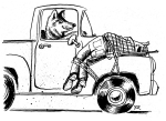 Artwork --- Bringing Home a Human Hunter for the Coyote Family to Gnaw On (Anti-Hunting and Anti-Trapping Directory | Description : This image came from http://www.RadicalGraphics.or... | Tags : Hunter, Boots, Plaid, Coyote, Truck, Wheel, Shotgu...) ::: By Radical Graphics (About: All material posted here originally appeared at ht... | Ideals: Anarchy, Animal Liberation, Anti-America, Anti-Bio...)